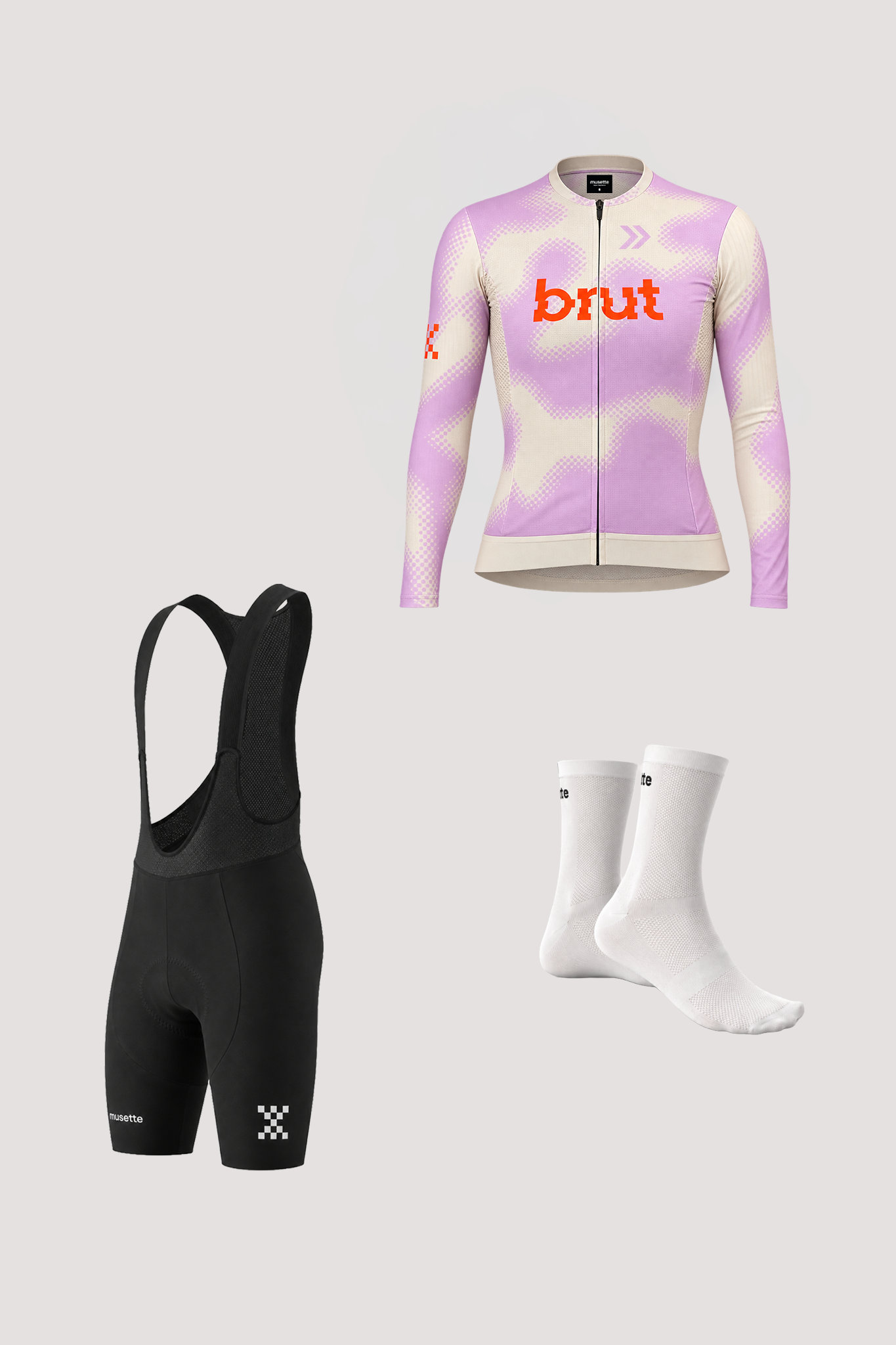 Ensemble maillot manches longues femme brut 2.0 beurre/rose + cuissard noir