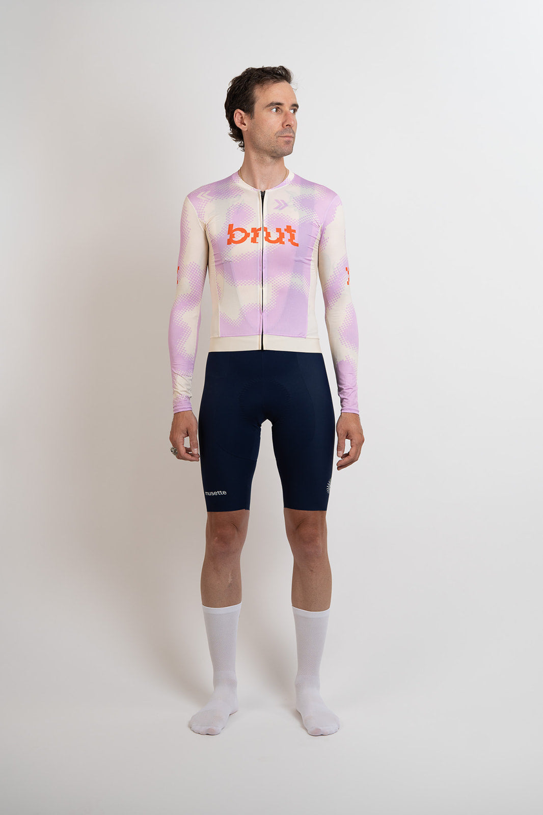 Maillot homme brut 2.0 manches longues beurre/rose + cuissard à bretelles bleu - ensemble