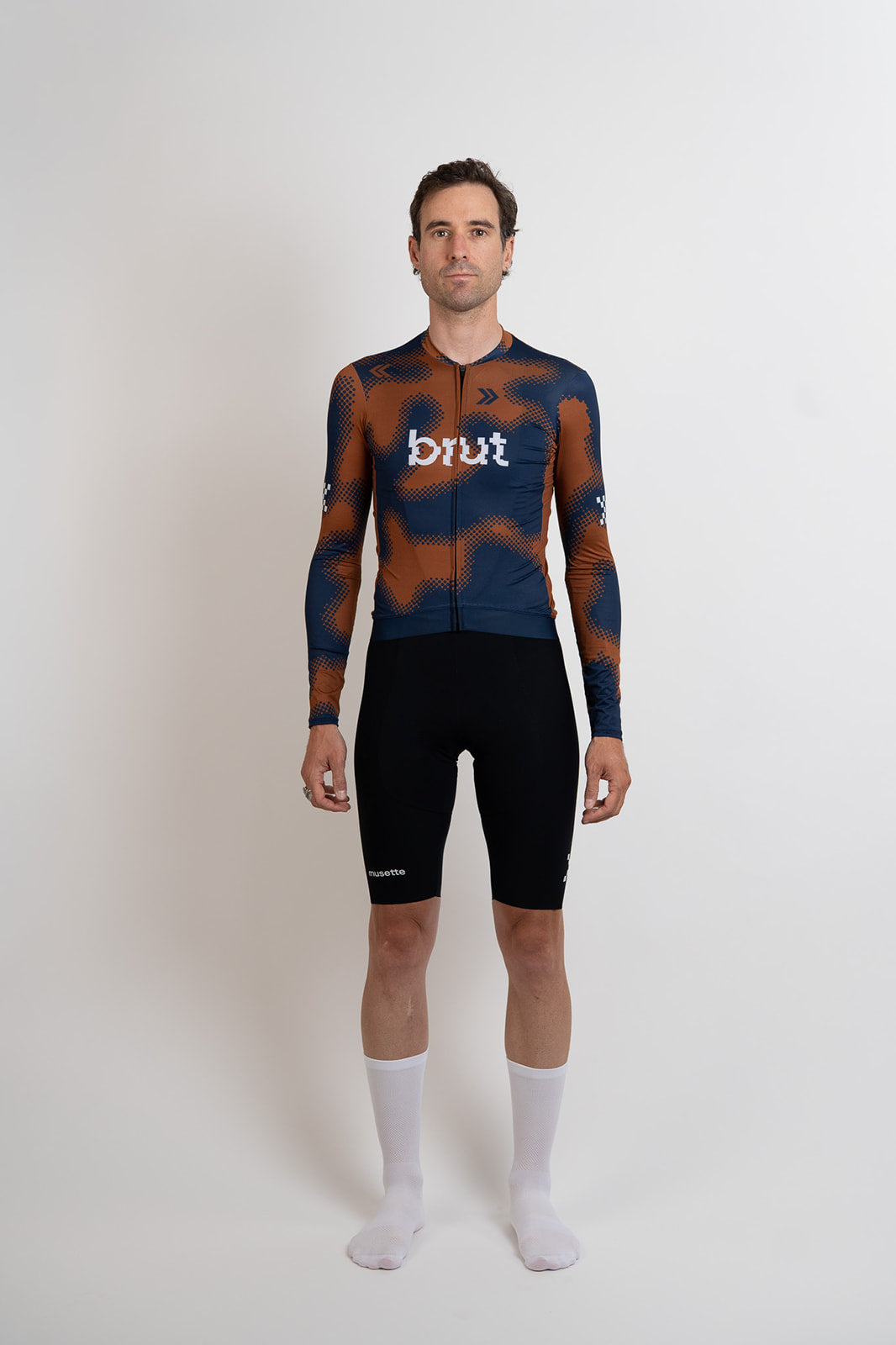 Ensemble maillot manches longues brut 2.0 marron/bleu + cuissard noir pour HOMMES