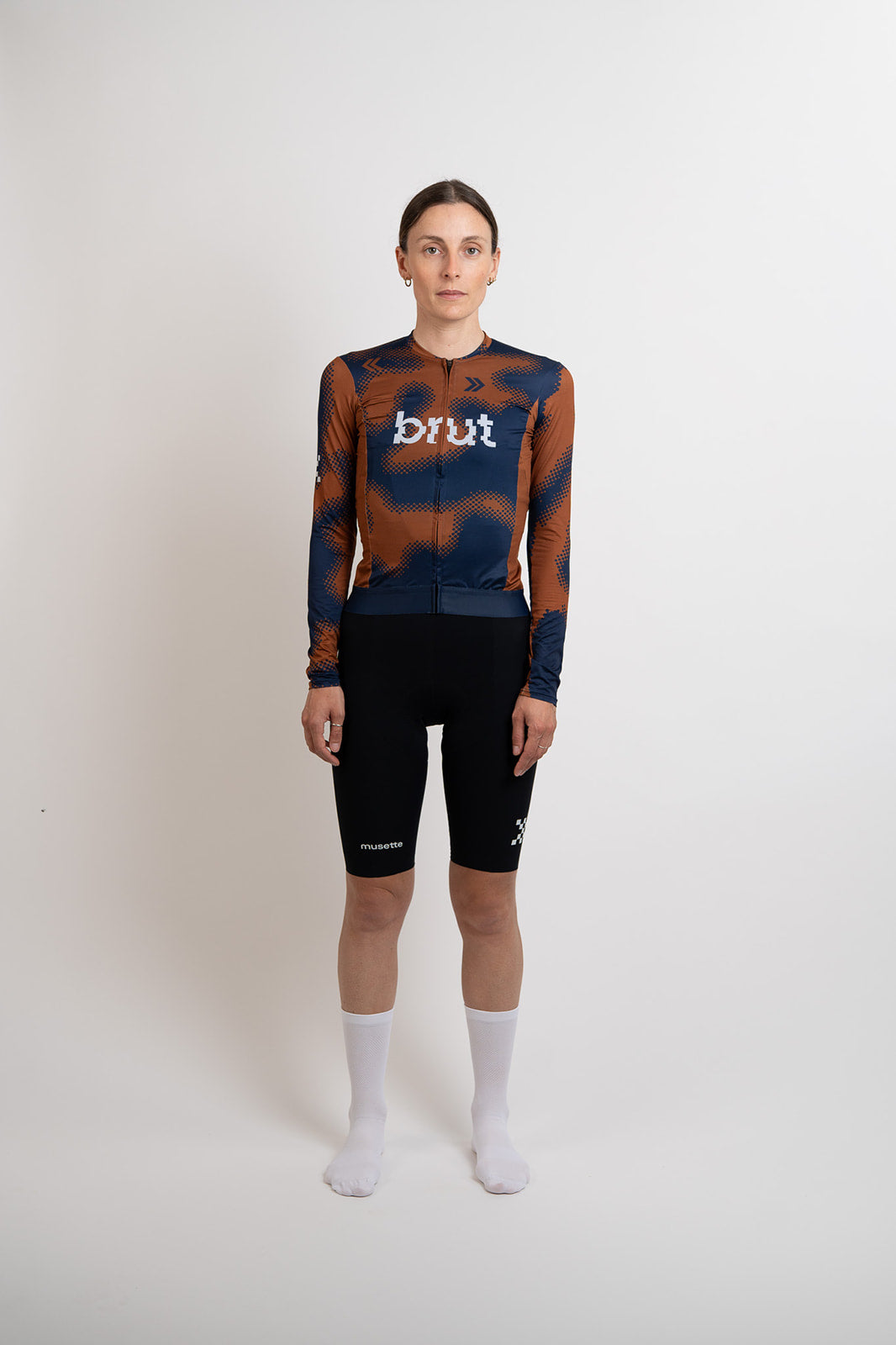 Maillot à manches longues marron/bleu WOMENS brut 2.0 + cuissard à bretelles noir