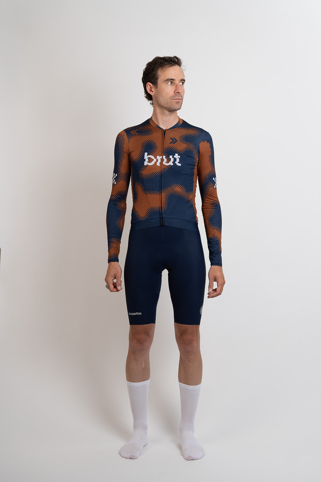Maillot manches longues brut 2.0 homme marron/bleu + cuissard à bretelles bleu